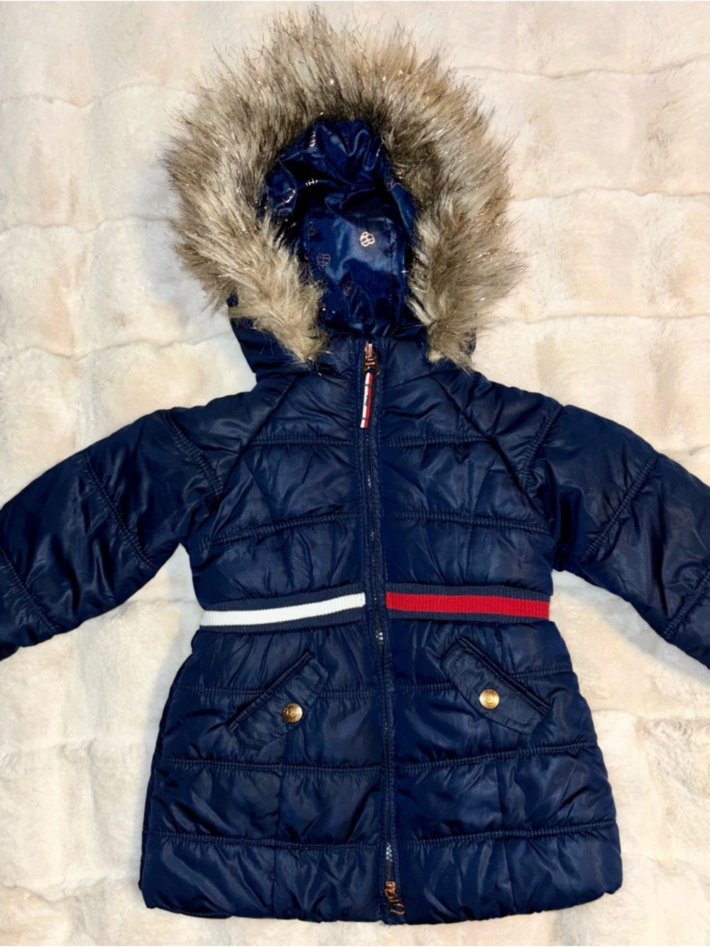 Tommy Hilfiger Navy Blue Puffer Coat with Faux Fur Hood and Red/White Trim